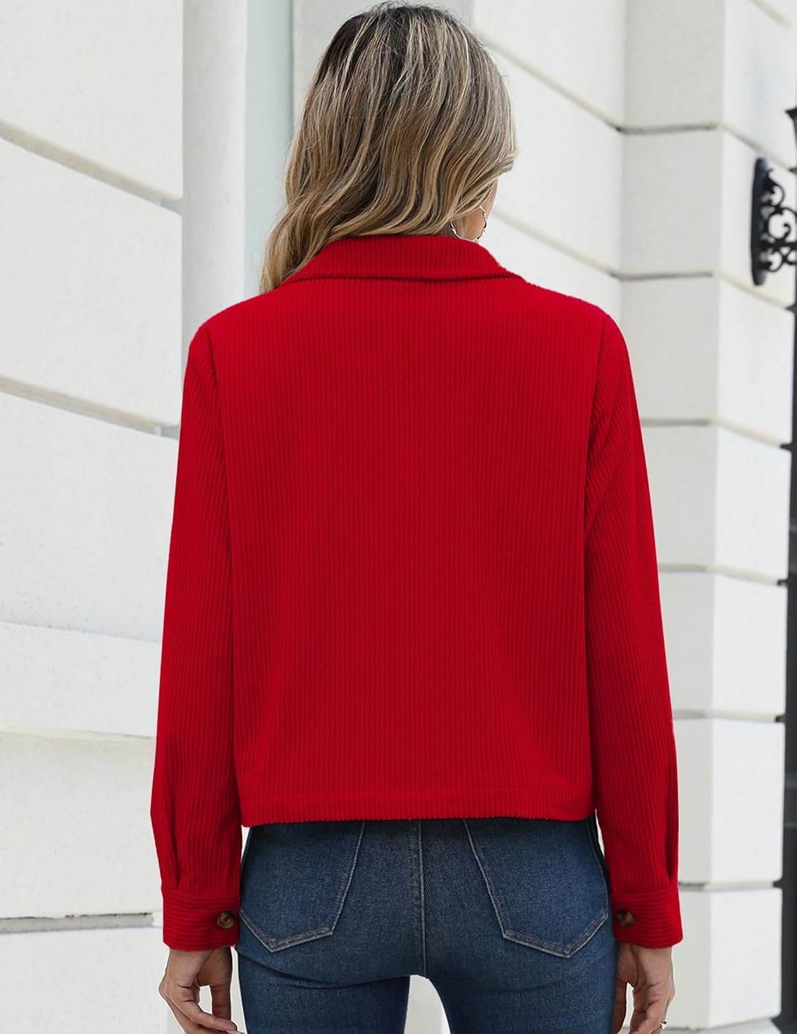 image:imageZeagoo Womens Fashion Cropped Jacket Corduroy Button Down Long Sleeve Shirt Crop Top Trendy Outfits Fall Winter CoatsRed