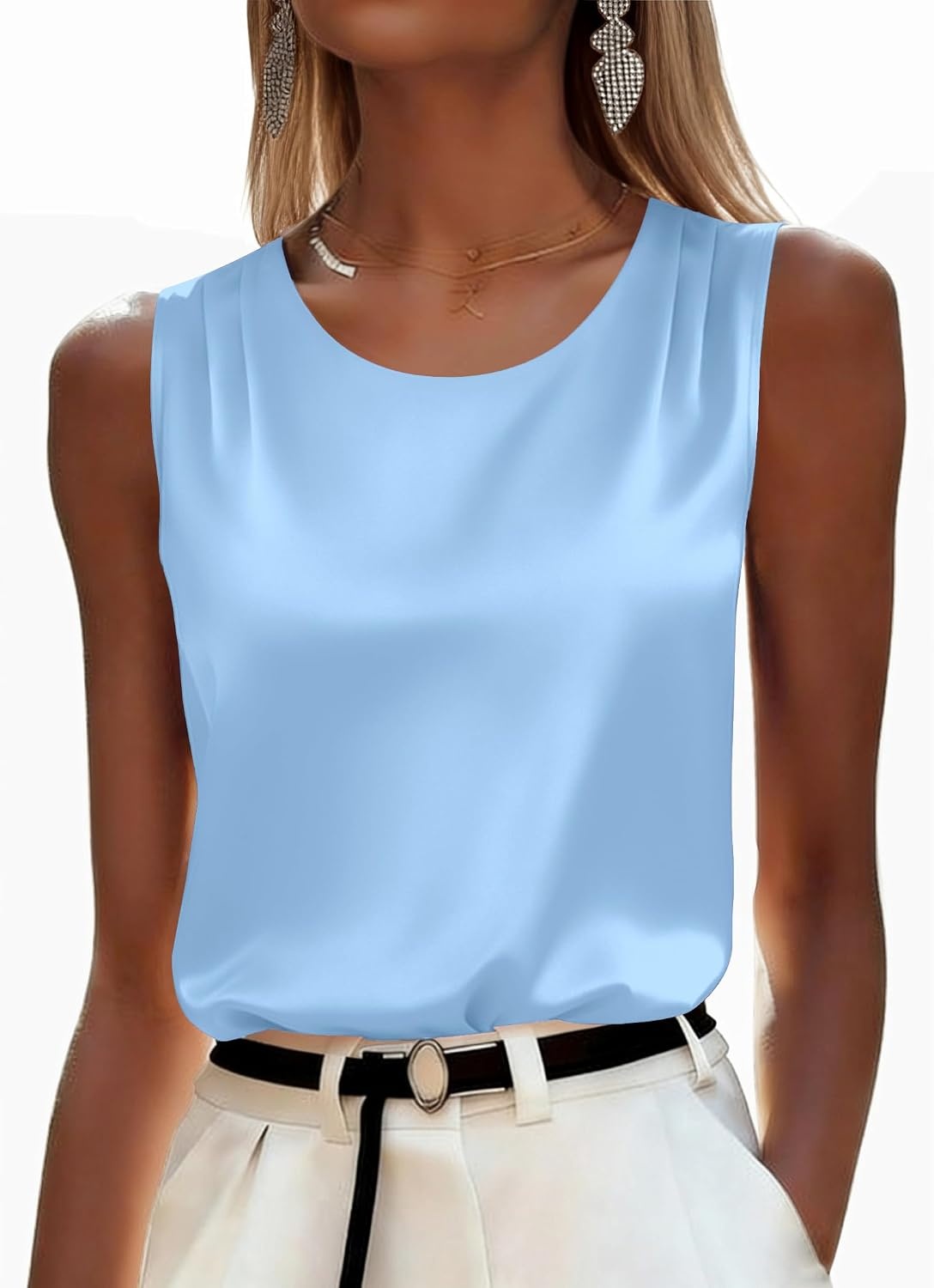 image:imageZeagoo Womens Satin Tank Top Pleated Sleeveless Blouse Dressy Casual Tops Crewneck Silk Shirts Business Summer ClothesBlue