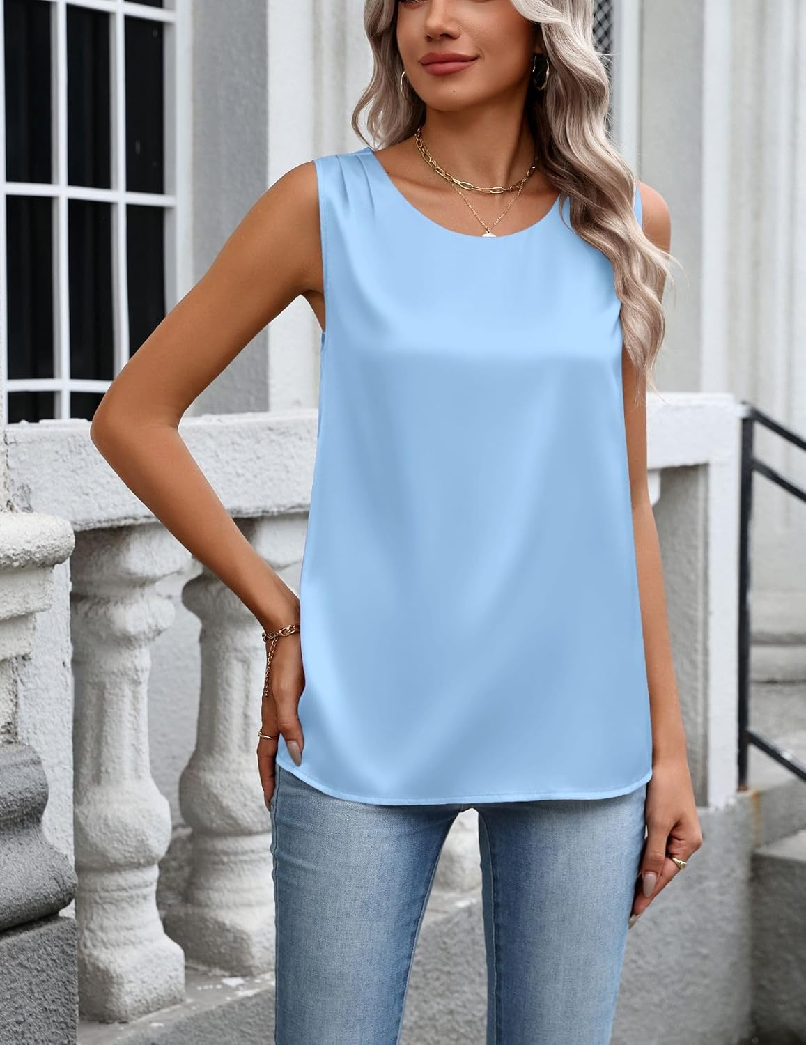 image:imageZeagoo Womens Satin Tank Top Pleated Sleeveless Blouse Dressy Casual Tops Crewneck Silk Shirts Business Summer ClothesBlue