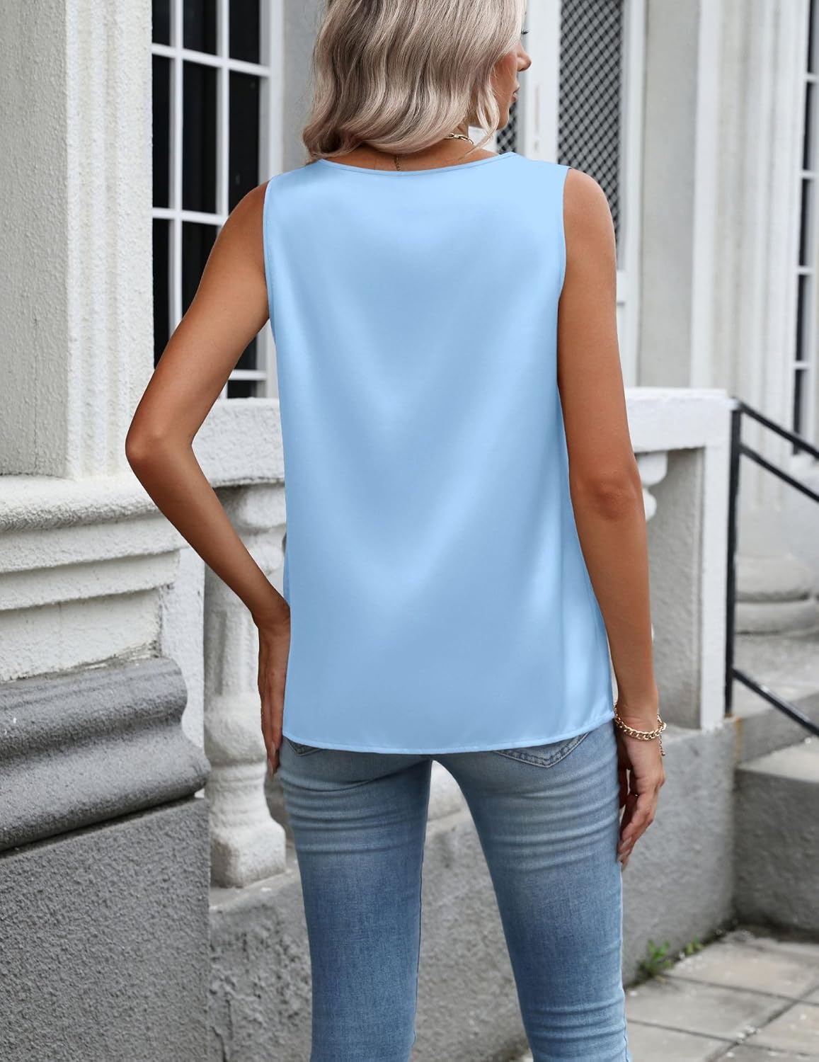 image:imageZeagoo Womens Satin Tank Top Pleated Sleeveless Blouse Dressy Casual Tops Crewneck Silk Shirts Business Summer ClothesBlue