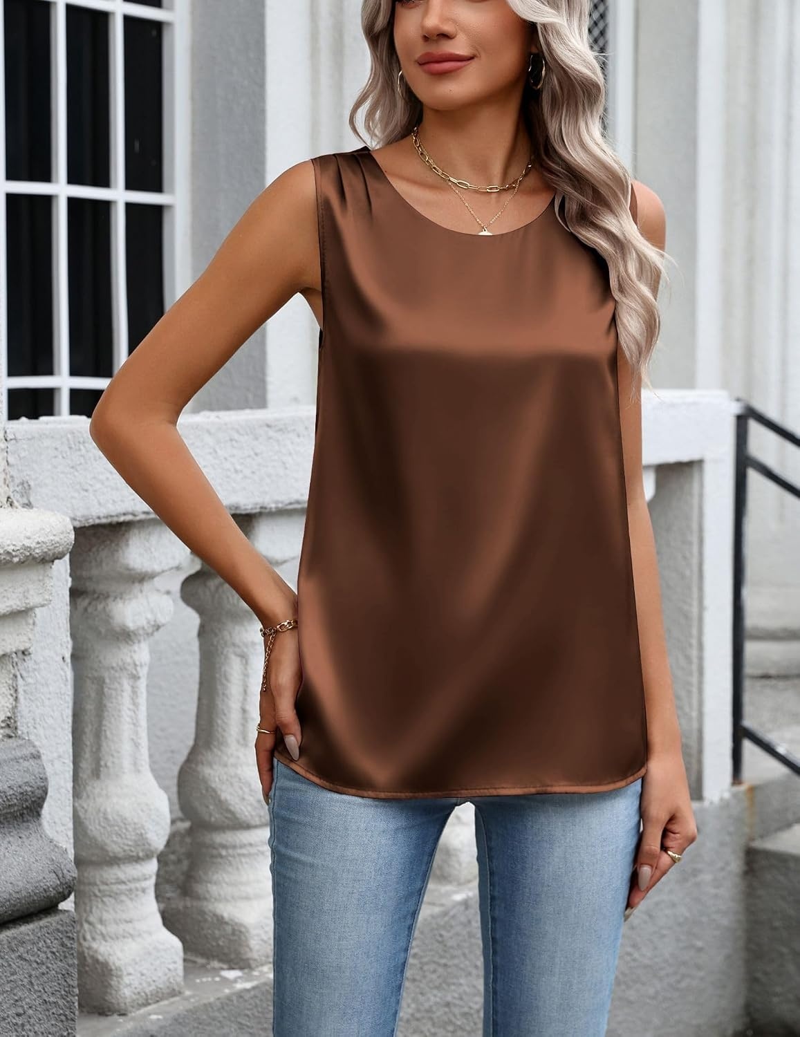 image:imageZeagoo Womens Satin Tank Top Pleated Sleeveless Blouse Dressy Casual Tops Crewneck Silk Shirts Business Summer ClothesBrown