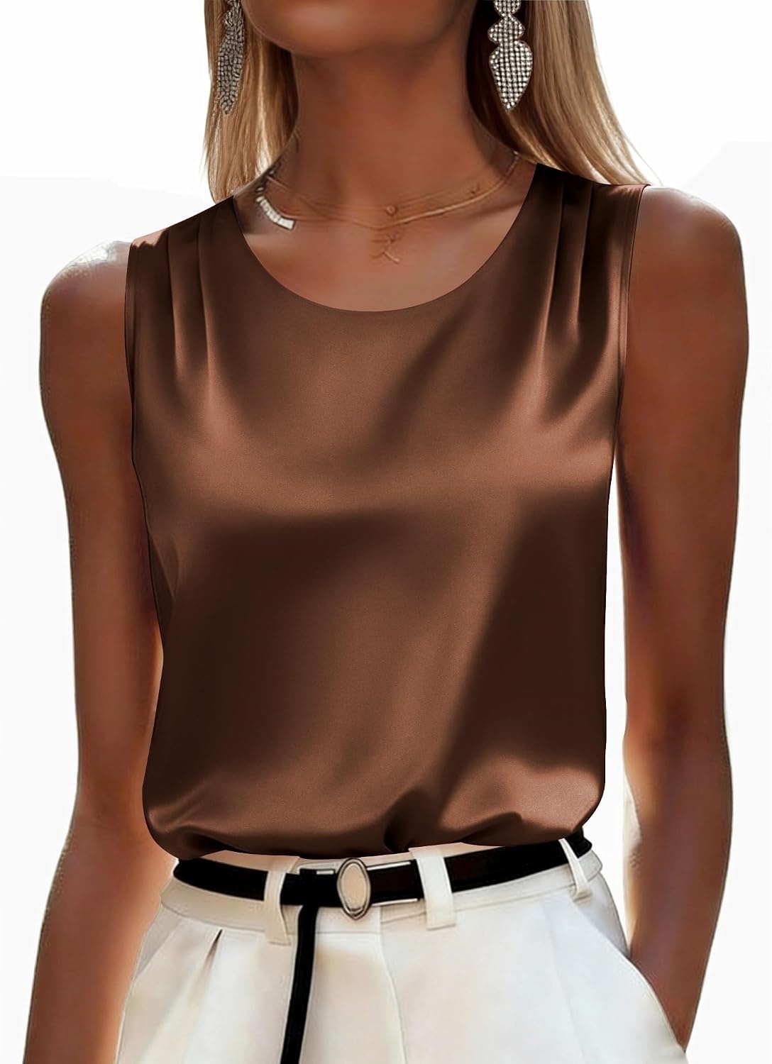 image:imageZeagoo Womens Satin Tank Top Pleated Sleeveless Blouse Dressy Casual Tops Crewneck Silk Shirts Business Summer ClothesBrown