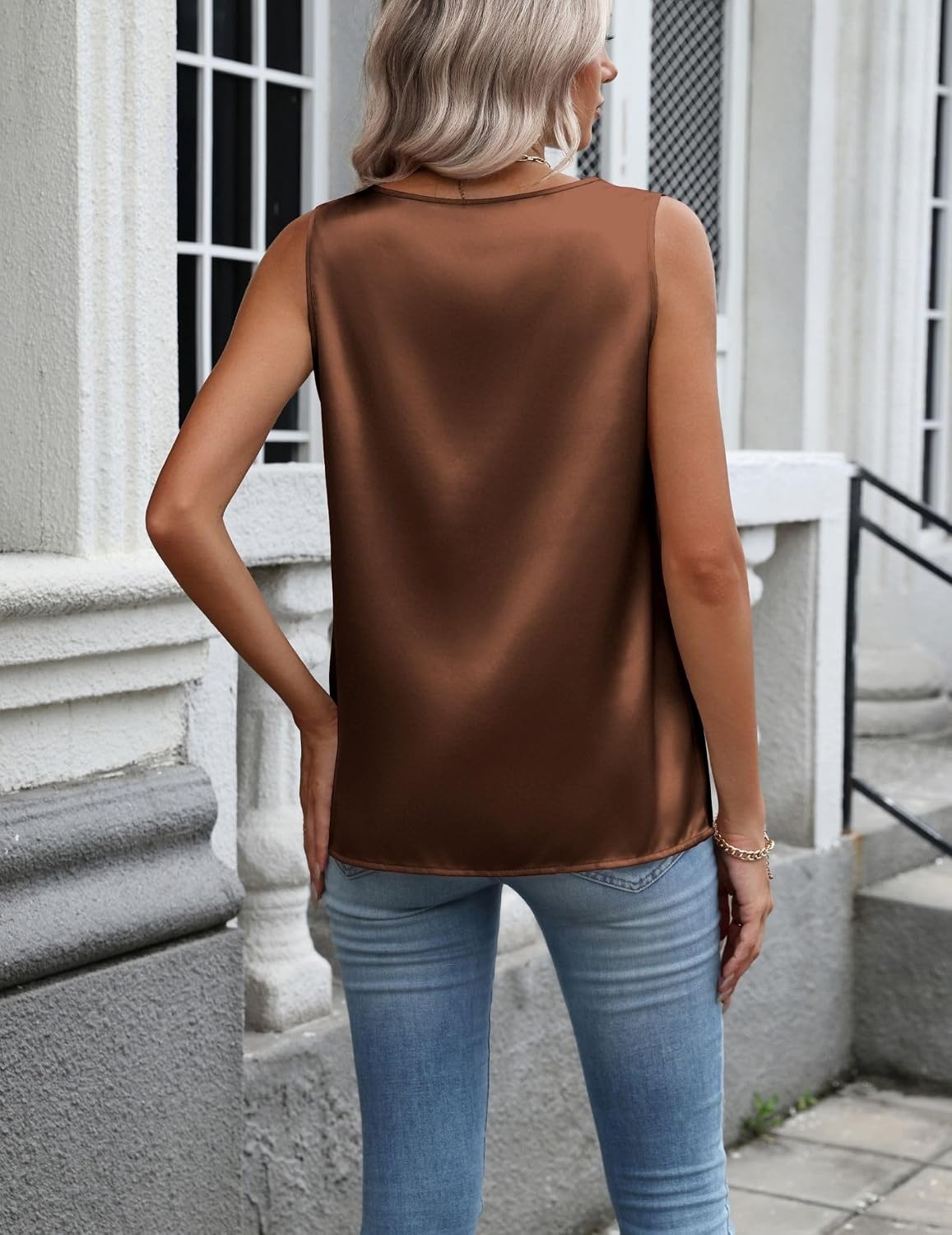image:imageZeagoo Womens Satin Tank Top Pleated Sleeveless Blouse Dressy Casual Tops Crewneck Silk Shirts Business Summer ClothesBrown