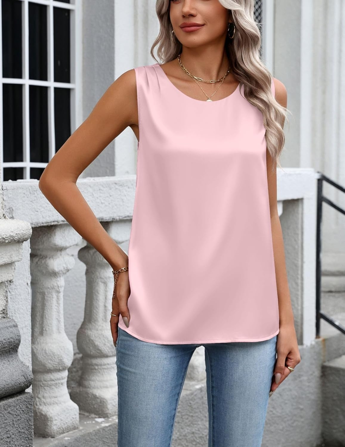 image:imageZeagoo Womens Satin Tank Top Pleated Sleeveless Blouse Dressy Casual Tops Crewneck Silk Shirts Business Summer ClothesPink