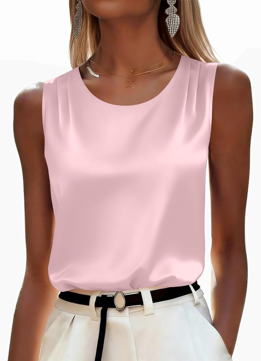 image:imageZeagoo Womens Satin Tank Top Pleated Sleeveless Blouse Dressy Casual Tops Crewneck Silk Shirts Business Summer ClothesPink