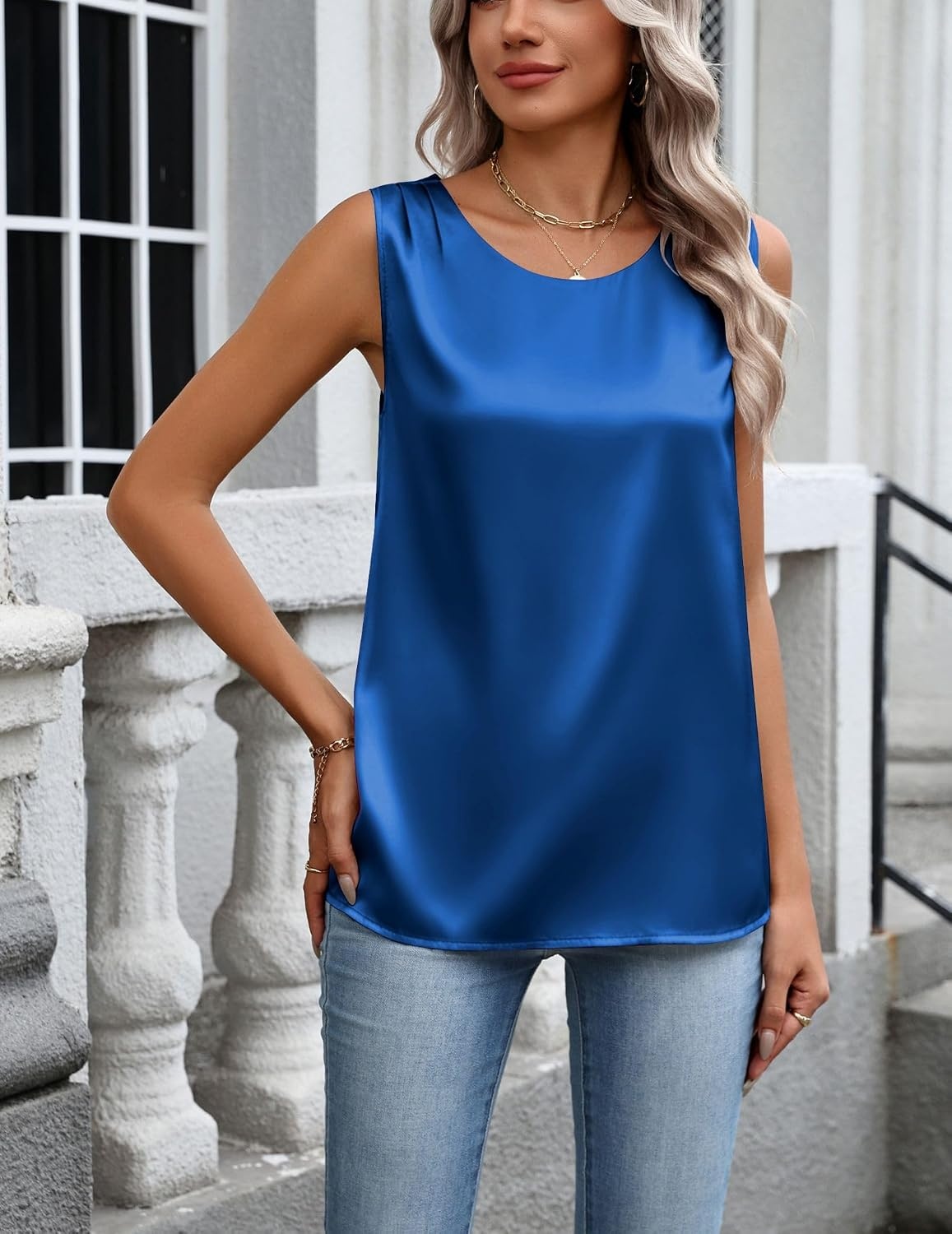 image:imageZeagoo Womens Satin Tank Top Pleated Sleeveless Blouse Dressy Casual Tops Crewneck Silk Shirts Business Summer ClothesSky Blue