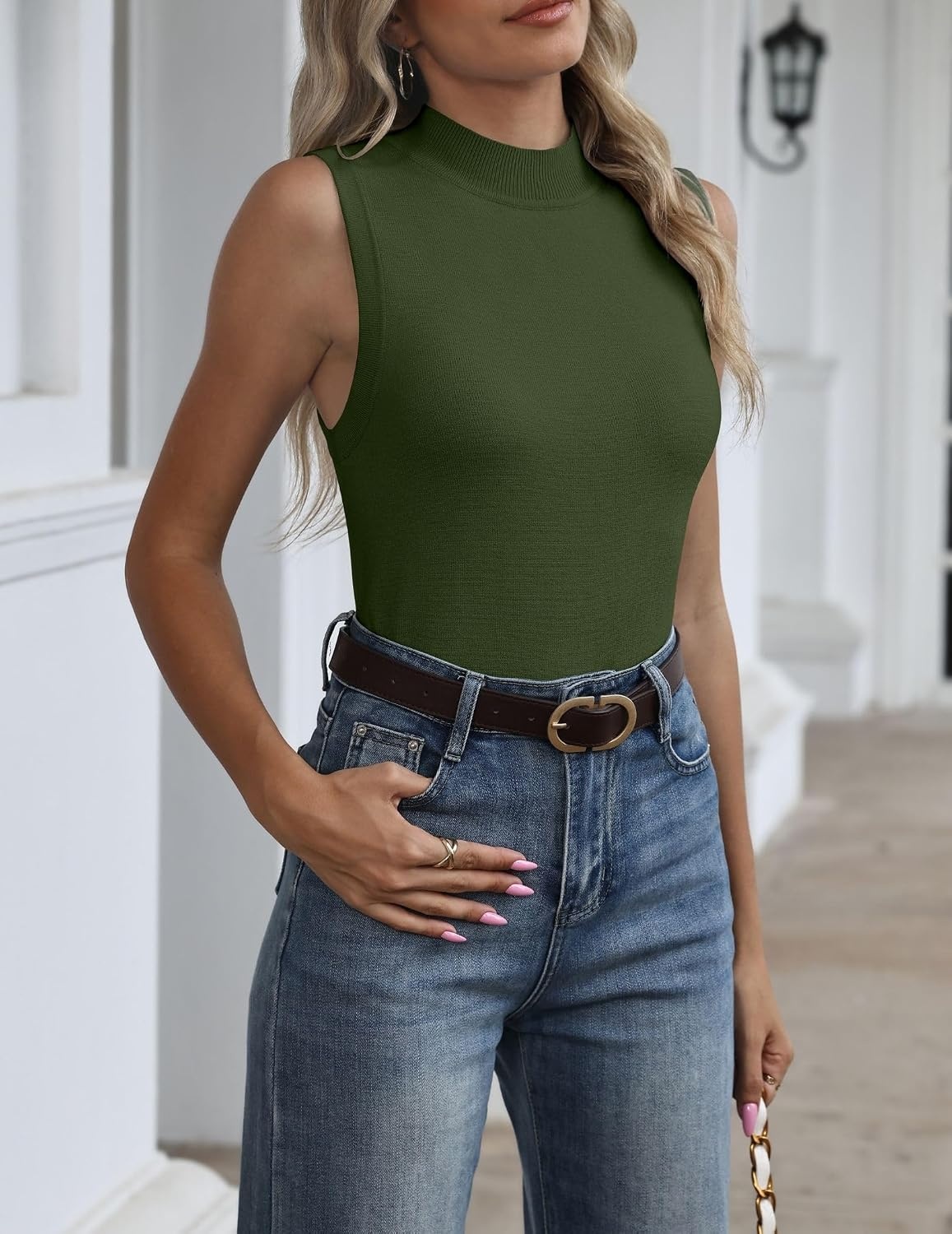 image:imageZeagoo Womens Sleeveless Tops Turtleneck Sweater Business Casual Outfits Mock Neck Tops for Women Slim Fit Tank Top Sleeveless Sweater Dressy Casual Basic Business Work Summer OutfitsGreen