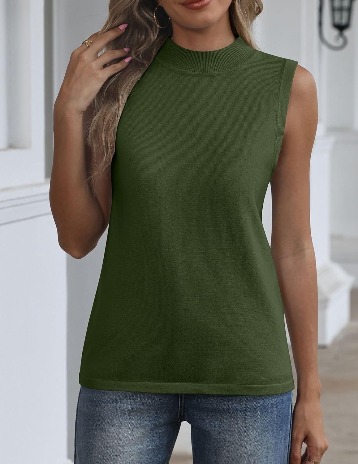 image:imageZeagoo Womens Sleeveless Tops Turtleneck Sweater Business Casual Outfits Mock Neck Tops for Women Slim Fit Tank Top Sleeveless Sweater Dressy Casual Basic Business Work Summer OutfitsGreen