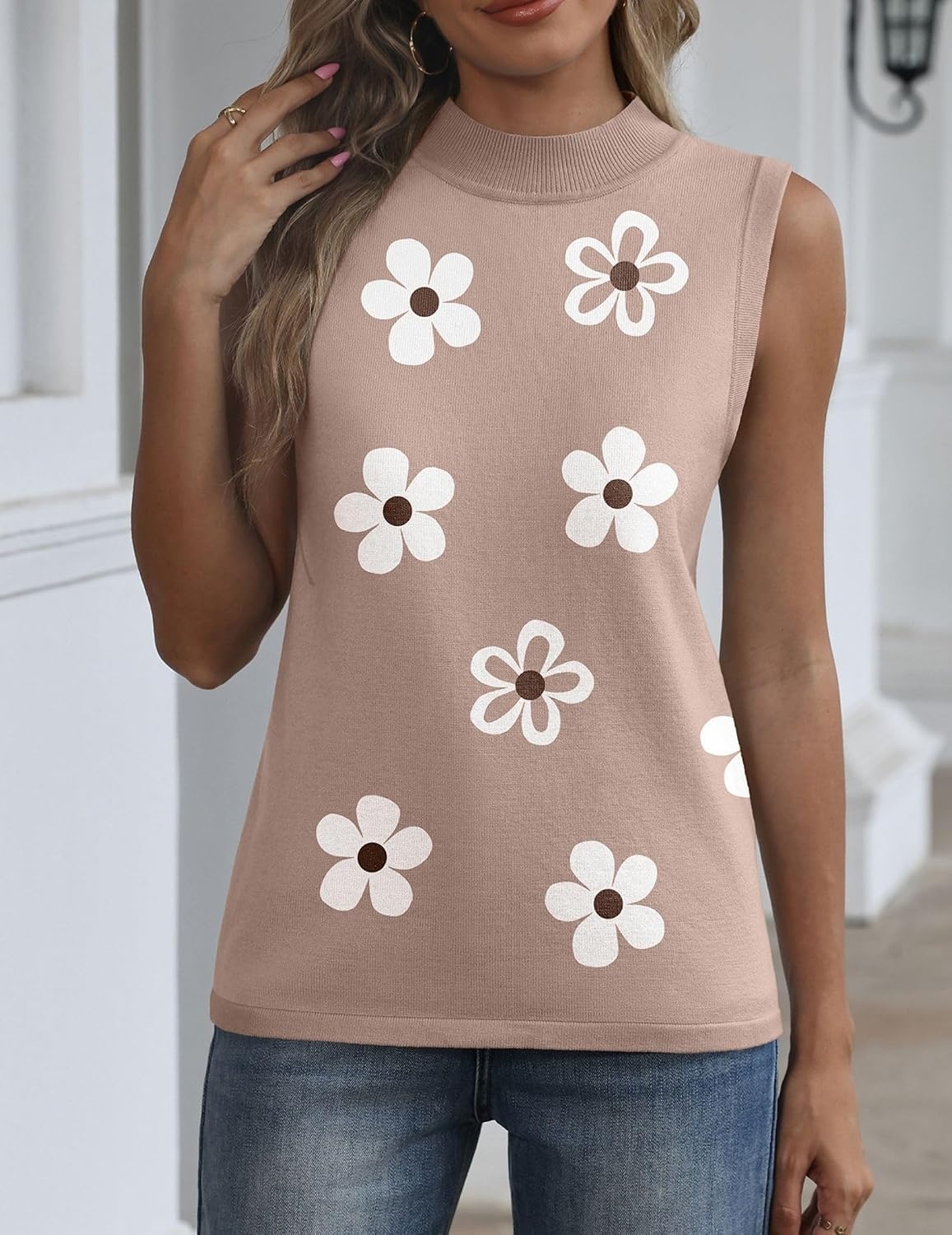 image:imageZeagoo Womens Sleeveless Tops Turtleneck Sweater Business Casual Outfits Mock Neck Tops for Women Slim Fit Tank Top Sleeveless Sweater Dressy Casual Basic Business Work Summer OutfitsWhite Floral Gray