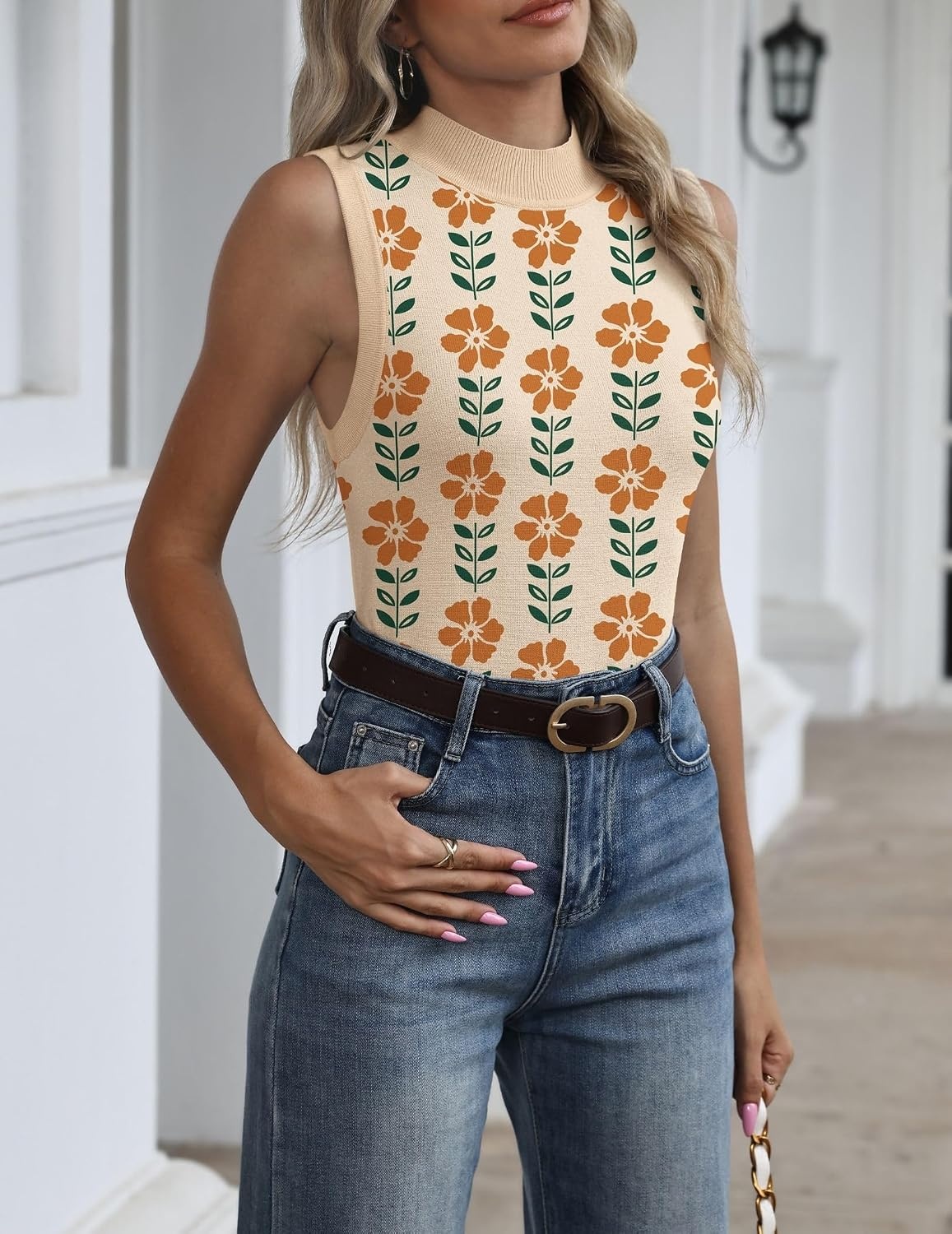 image:imageZeagoo Womens Sleeveless Tops Turtleneck Sweater Business Casual Outfits Mock Neck Tops for Women Slim Fit Tank Top Sleeveless Sweater Dressy Casual Basic Business Work Summer OutfitsFloral Apricot