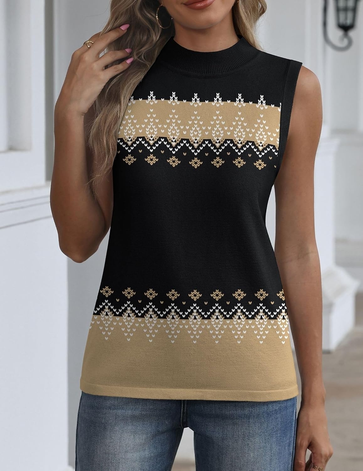 image:imageZeagoo Womens Sleeveless Tops Turtleneck Sweater Business Casual Outfits Mock Neck Tops for Women Slim Fit Tank Top Sleeveless Sweater Dressy Casual Basic Business Work Summer OutfitsBlack Geometric