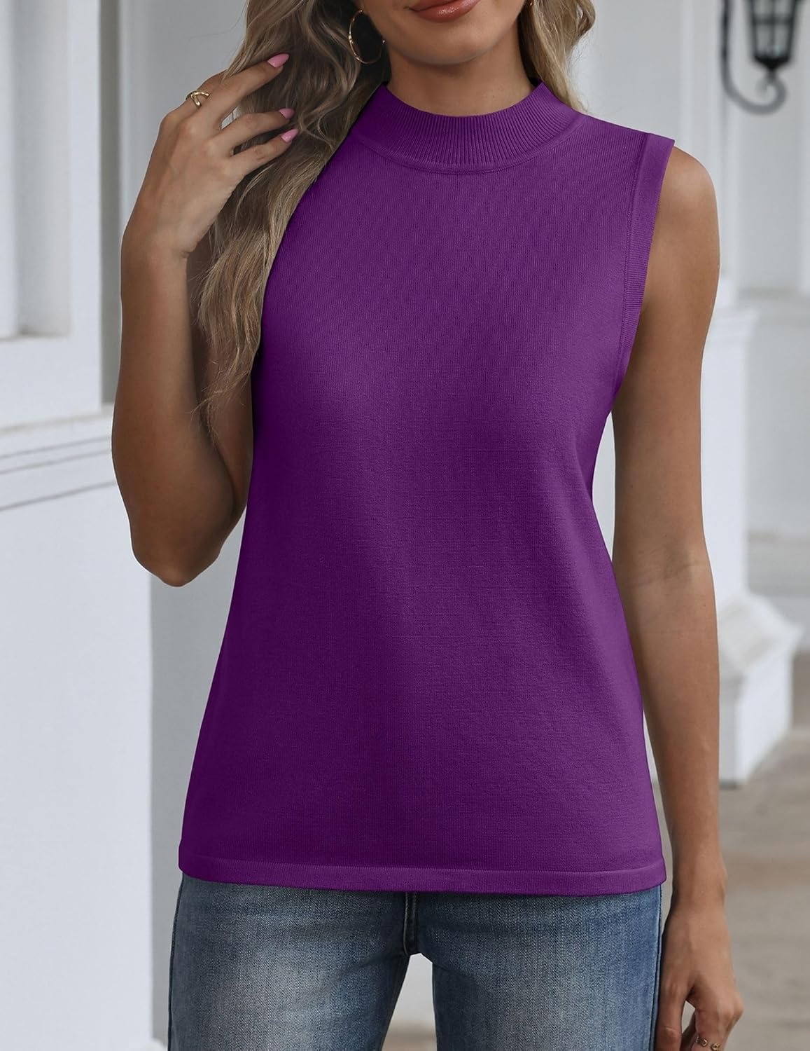 image:imageZeagoo Womens Sleeveless Tops Turtleneck Sweater Business Casual Outfits Mock Neck Tops for Women Slim Fit Tank Top Sleeveless Sweater Dressy Casual Basic Business Work Summer OutfitsPurple