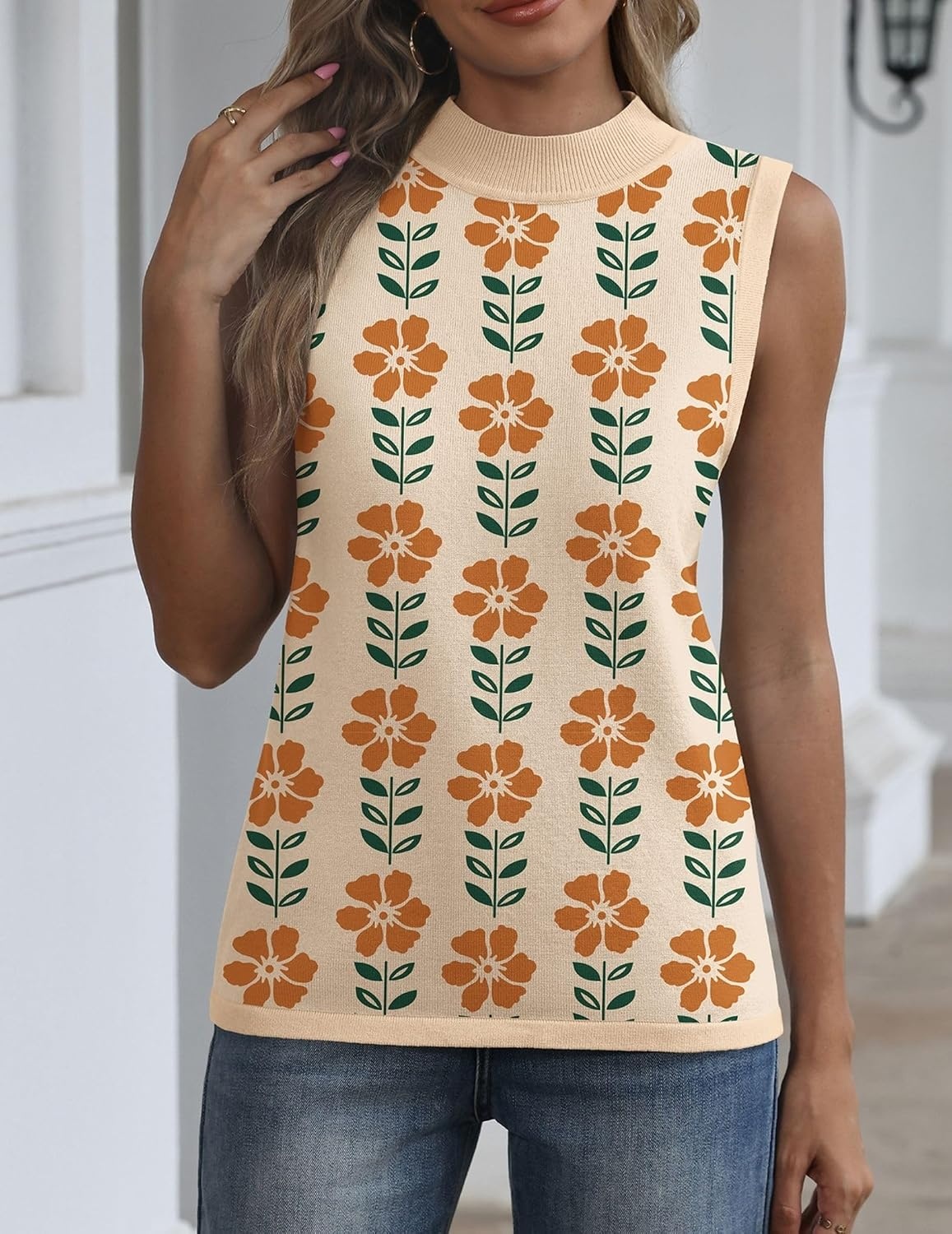 image:imageZeagoo Womens Sleeveless Tops Turtleneck Sweater Business Casual Outfits Mock Neck Tops for Women Slim Fit Tank Top Sleeveless Sweater Dressy Casual Basic Business Work Summer OutfitsFloral Apricot