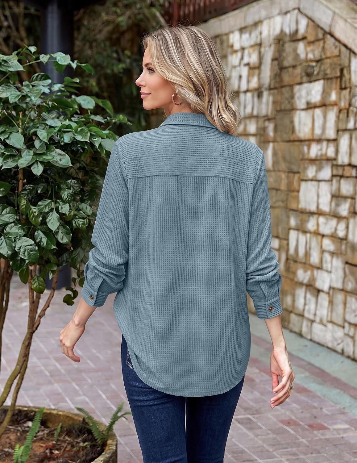 image:imageZeagoo Womens Waffle Knit Shacket Collared Button Down Shirts Casual Long Sleeve Lightweight Blouses Tops with PocketClear Blue