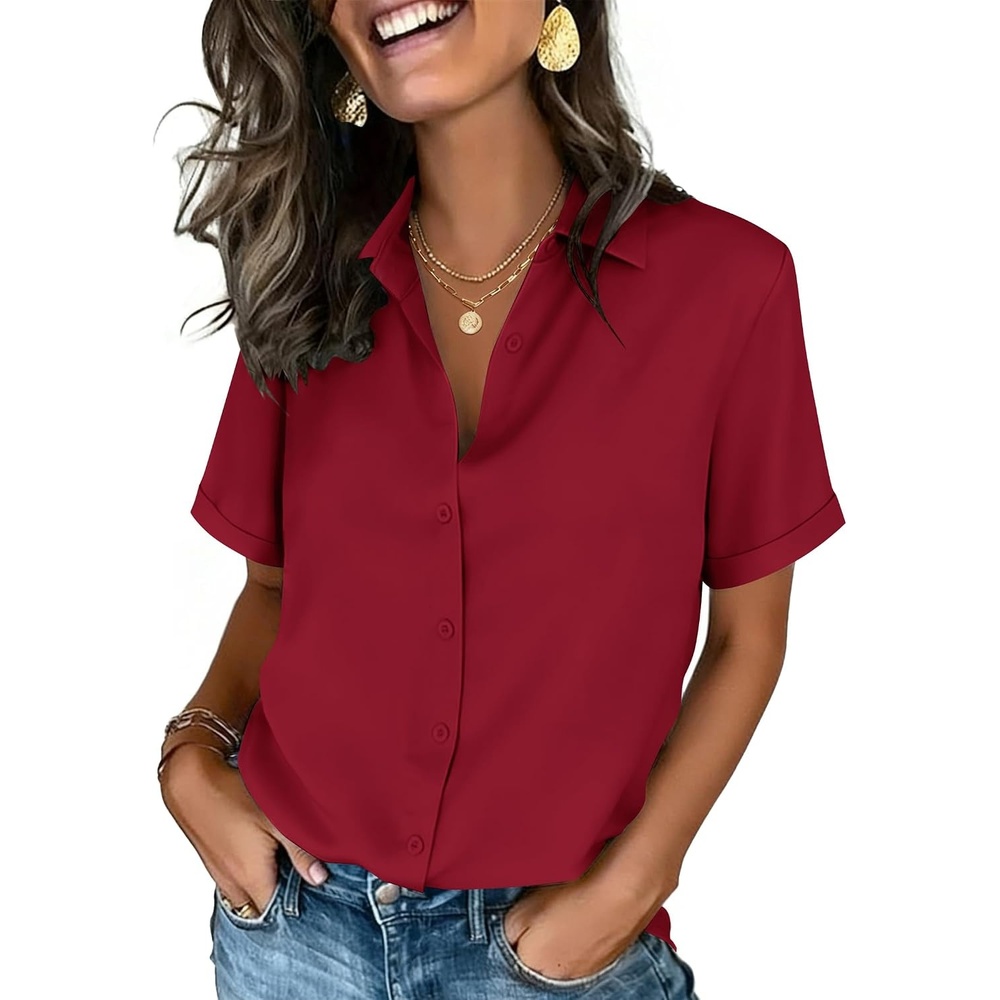 image:imageZeagoo Button Down Shirts for Women Short Sleeve Collared Tops Dressy Casual V Neck BlousesBurgundy