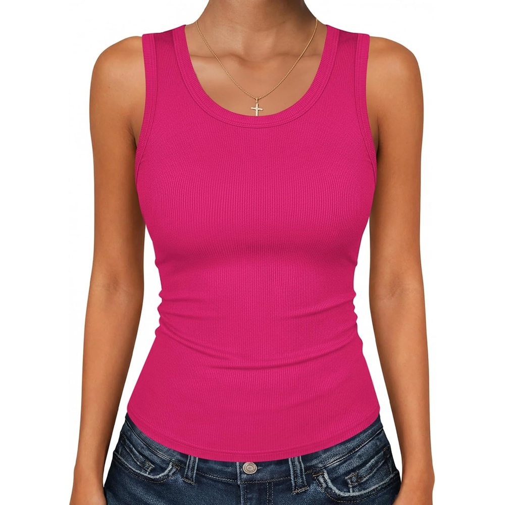 image:imageZeagoo Tank Tops for Women Scoop Neck Ribbed Knit Slim Fitted Sleeveless Tops Basic Shirts Casual Summer Clothes 2026 Rose Pink