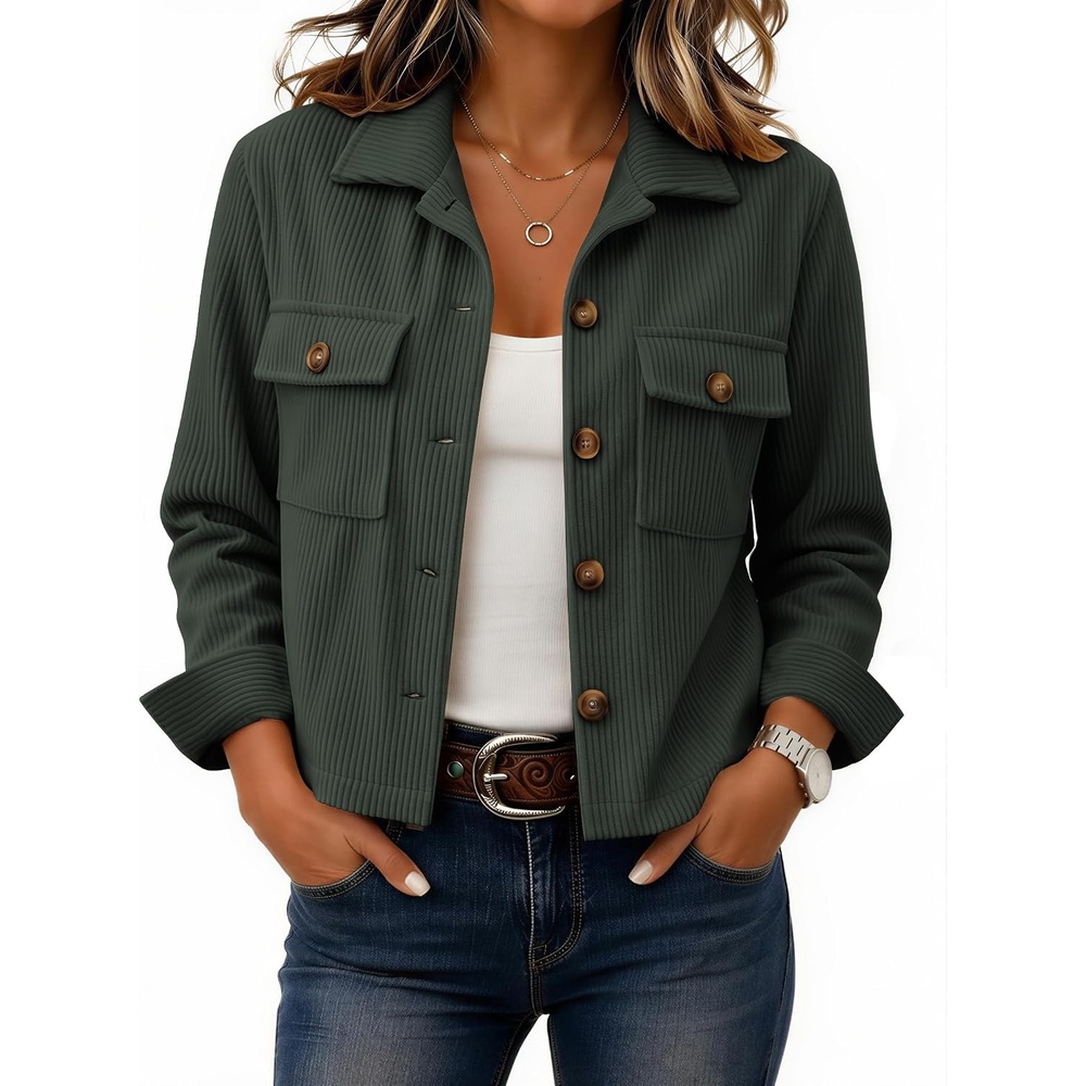 image:imageZeagoo Womens Fashion Cropped Jacket Corduroy Button Down Long Sleeve Shirt Crop Top Trendy Outfits Fall Winter CoatsArmy Green
