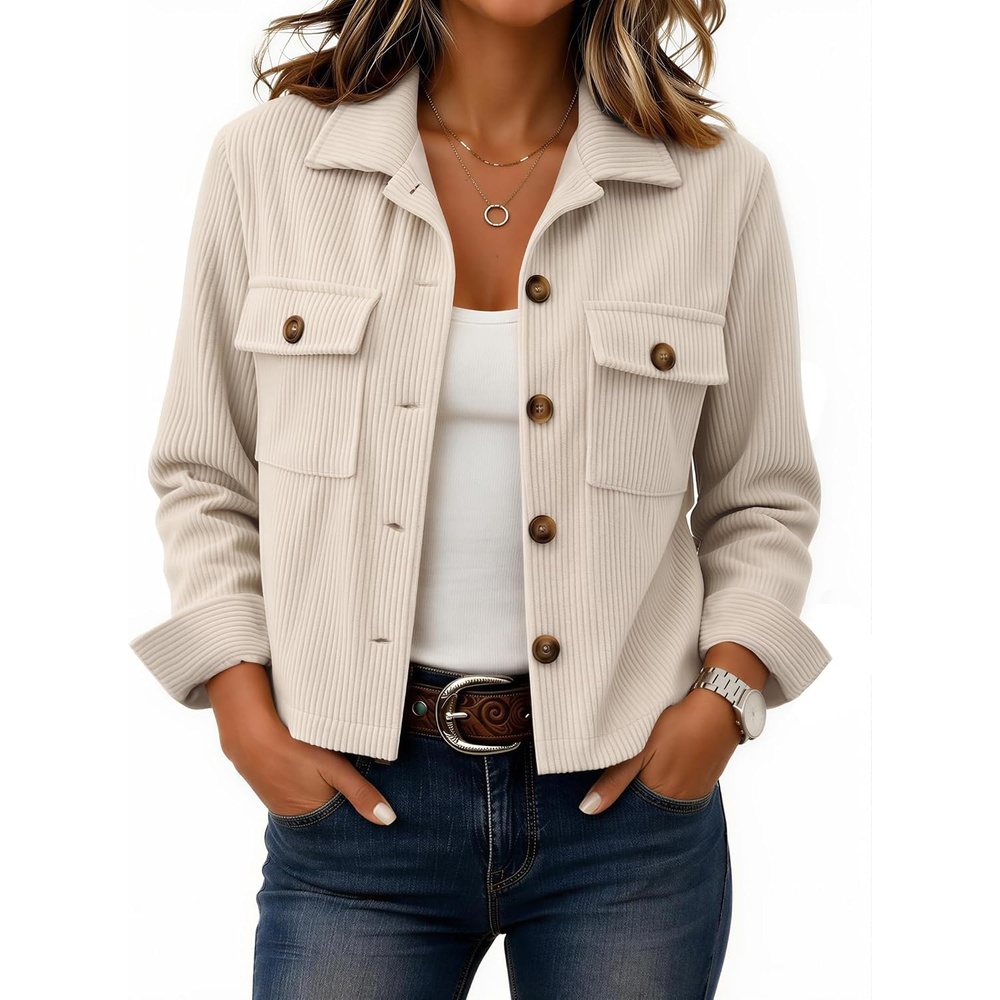 image:imageZeagoo Womens Fashion Cropped Jacket Corduroy Button Down Long Sleeve Shirt Crop Top Trendy Outfits Fall Winter CoatsBeige