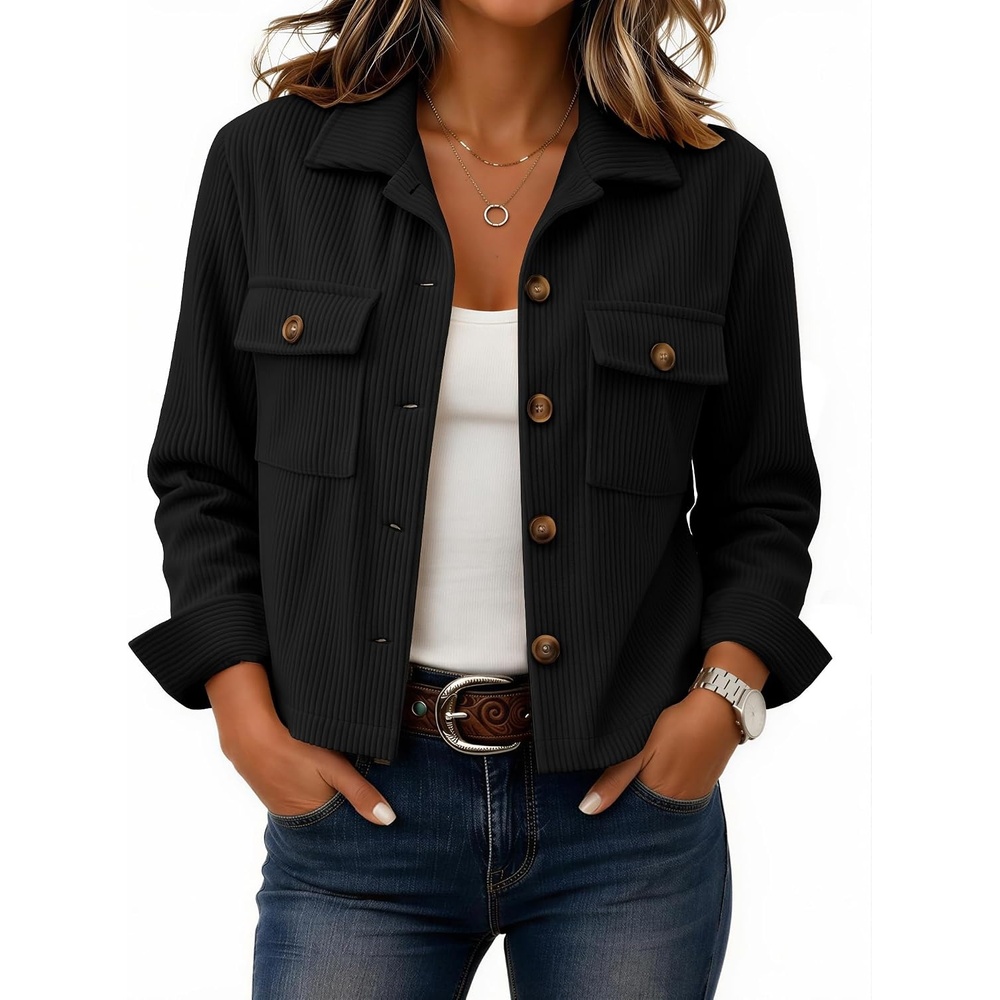 image:imageZeagoo Womens Fashion Cropped Jacket Corduroy Button Down Long Sleeve Shirt Crop Top Trendy Outfits Fall Winter CoatsBlack