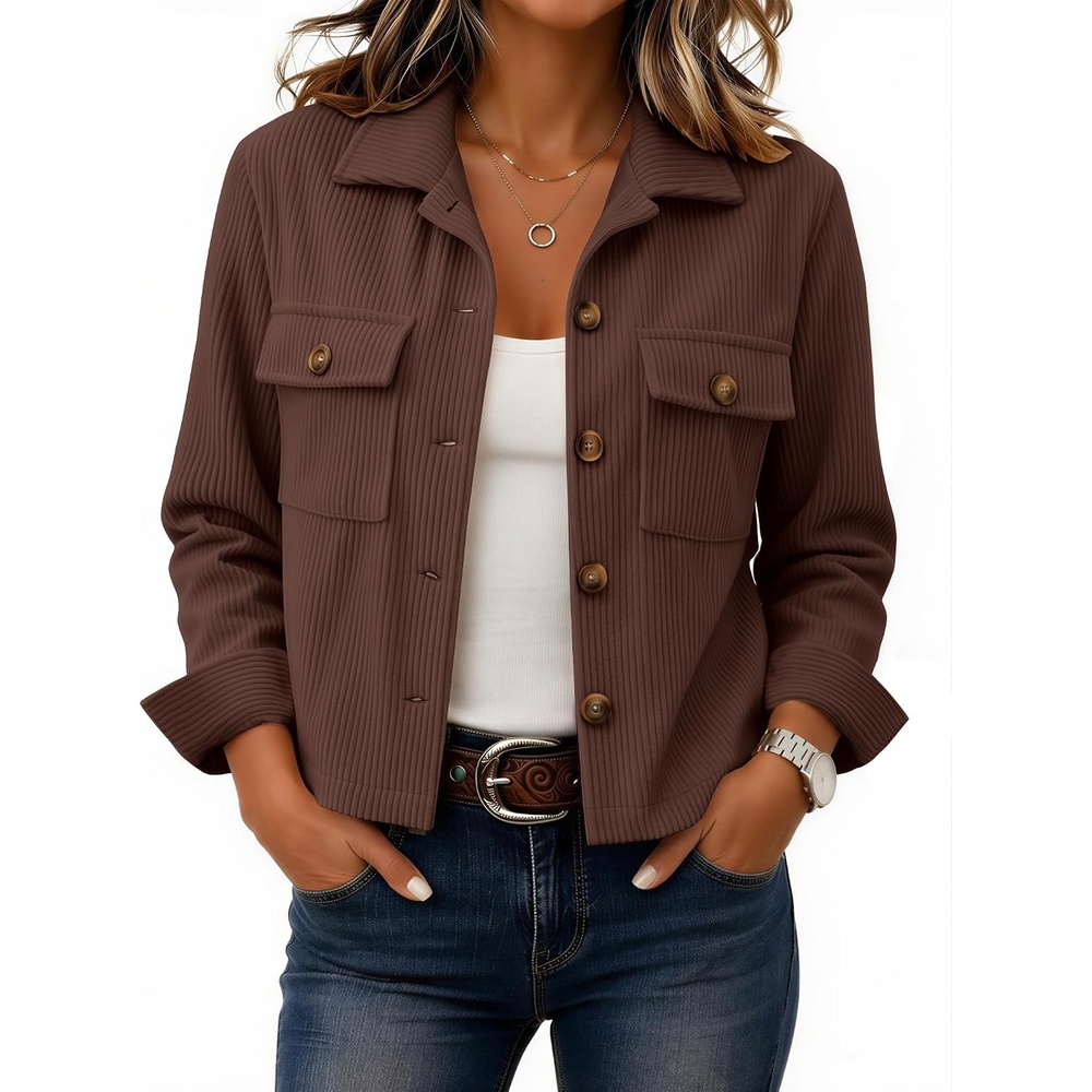 image:imageZeagoo Womens Fashion Cropped Jacket Corduroy Button Down Long Sleeve Shirt Crop Top Trendy Outfits Fall Winter CoatsBrown
