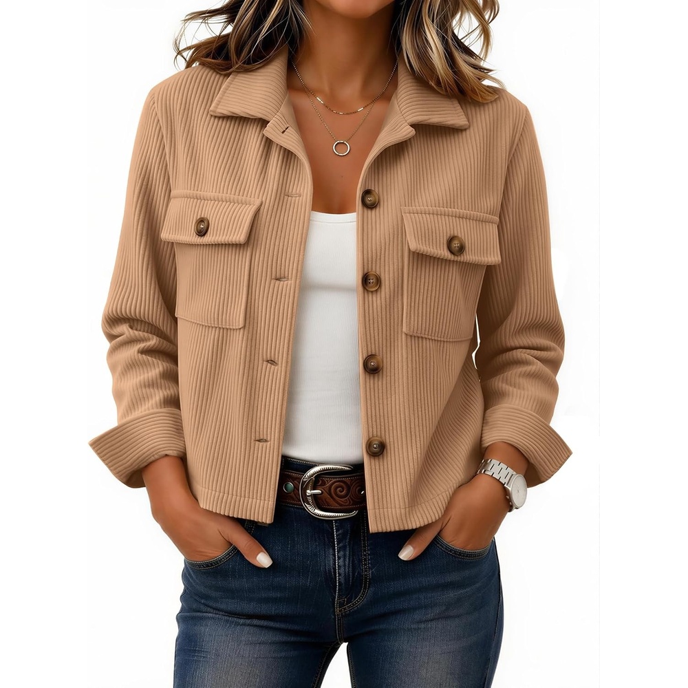 image:imageZeagoo Womens Fashion Cropped Jacket Corduroy Button Down Long Sleeve Shirt Crop Top Trendy Outfits Fall Winter CoatsCamel