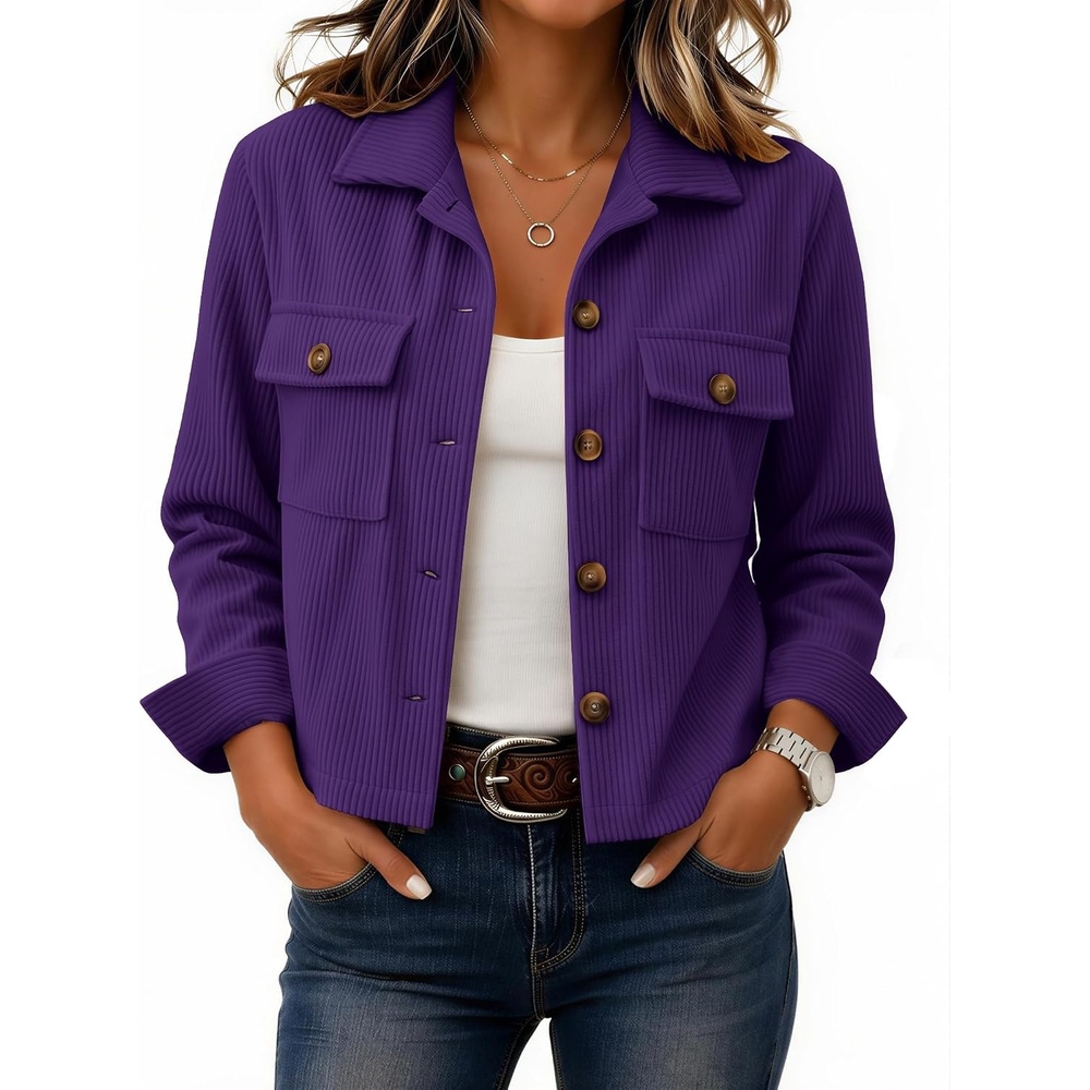 image:imageZeagoo Womens Fashion Cropped Jacket Corduroy Button Down Long Sleeve Shirt Crop Top Trendy Outfits Fall Winter CoatsPurple