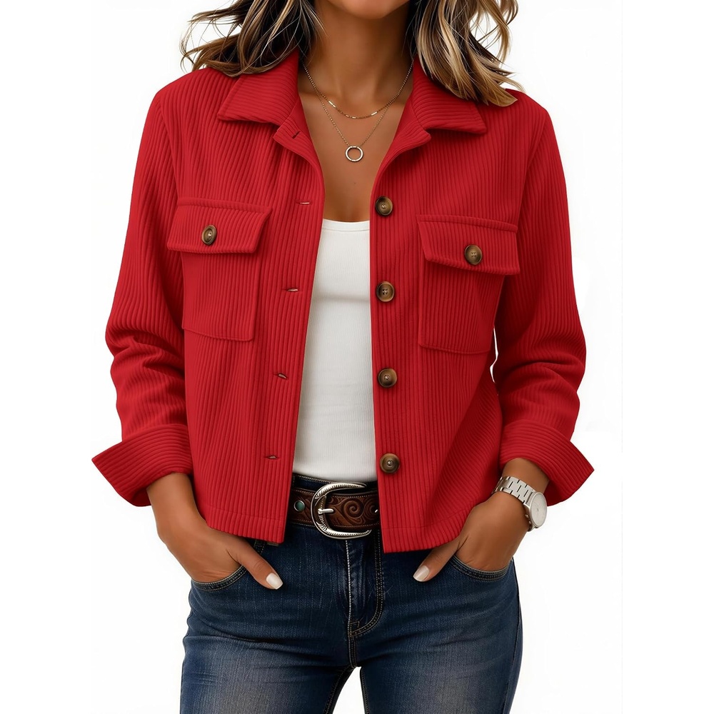 image:imageZeagoo Womens Fashion Cropped Jacket Corduroy Button Down Long Sleeve Shirt Crop Top Trendy Outfits Fall Winter CoatsRed