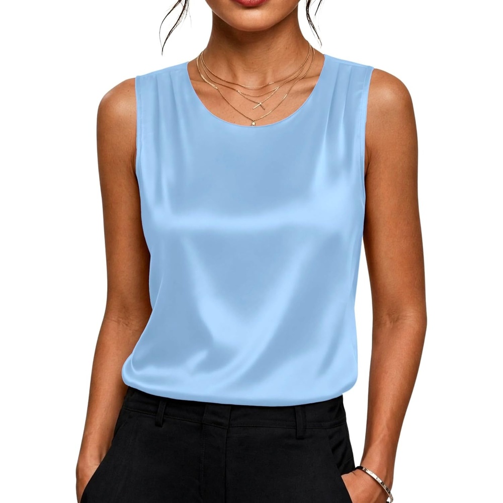 image:imageZeagoo Womens Satin Tank Top Pleated Sleeveless Blouse Dressy Casual Tops Crewneck Silk Shirts Business Summer ClothesBlue
