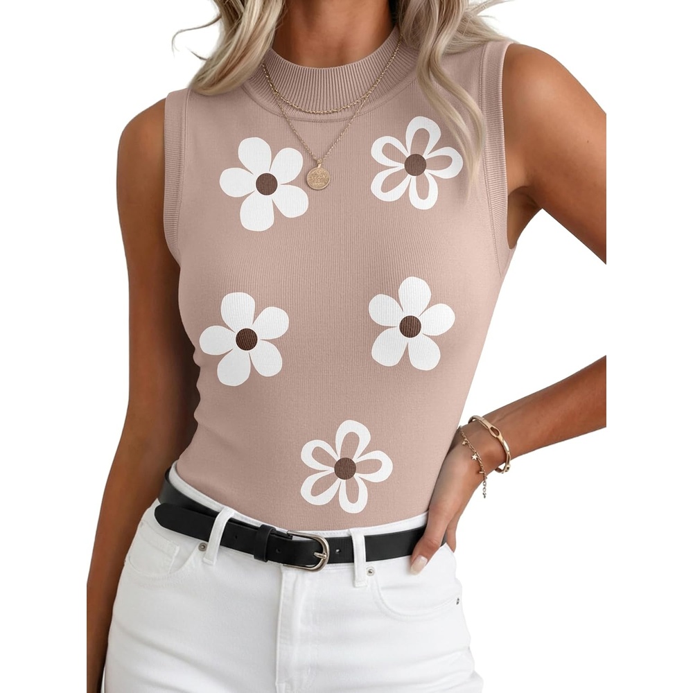 image:imageZeagoo Womens Sleeveless Tops Turtleneck Sweater Business Casual Outfits  Mock Neck Tops for Women Slim Fit Tank Top Sleeveless Sweater Dressy Casual Basic Business Work Summer OutfitsWhite Floral Gray