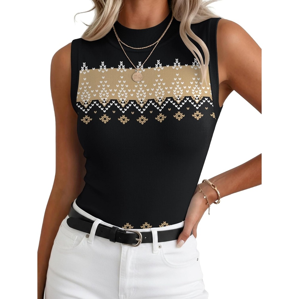 image:imageZeagoo Womens Sleeveless Tops Turtleneck Sweater Business Casual Outfits  Mock Neck Tops for Women Slim Fit Tank Top Sleeveless Sweater Dressy Casual Basic Business Work Summer OutfitsBlack Geometric