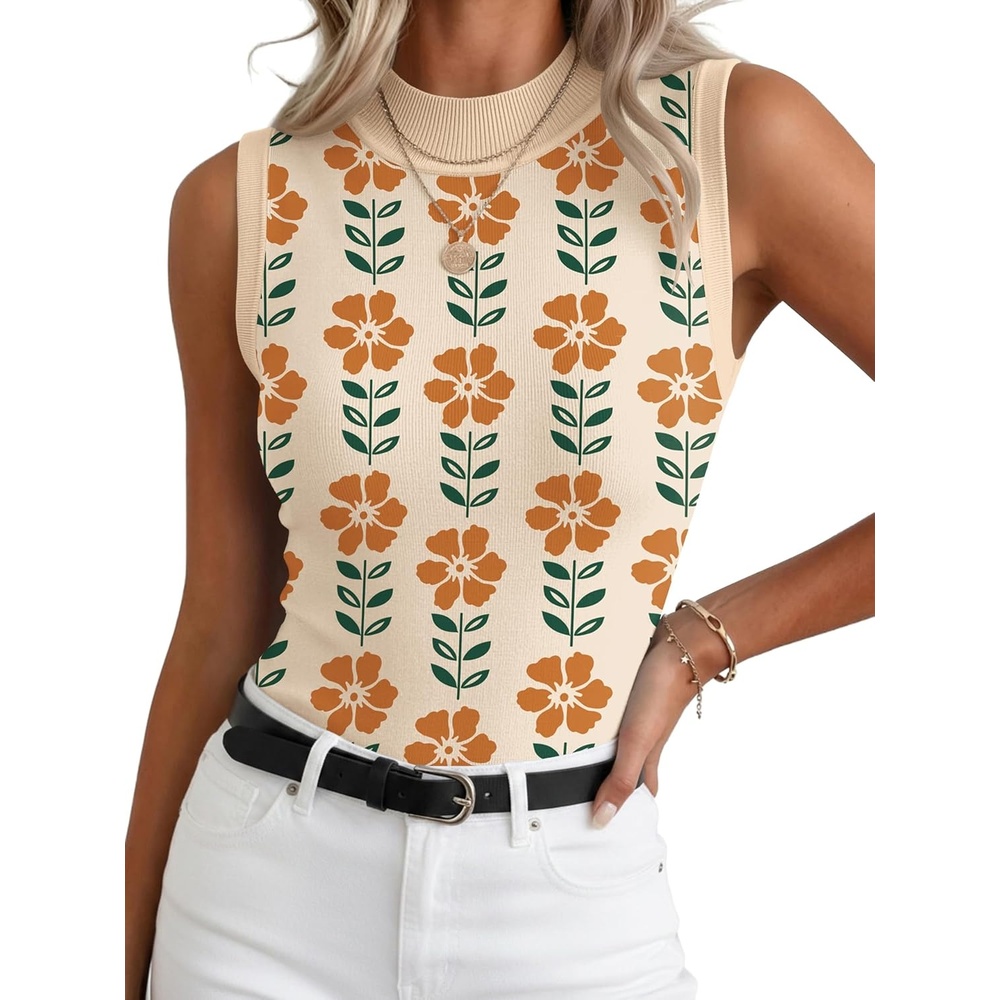 image:imageZeagoo Womens Sleeveless Tops Turtleneck Sweater Business Casual Outfits  Mock Neck Tops for Women Slim Fit Tank Top Sleeveless Sweater Dressy Casual Basic Business Work Summer OutfitsFloral Apricot