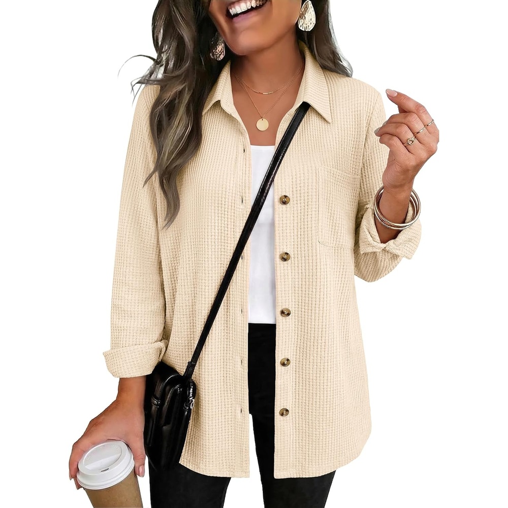 image:imageZeagoo Womens Waffle Knit Shacket Collared Button Down Shirts Casual Long Sleeve Lightweight Blouses Tops with PocketBeige