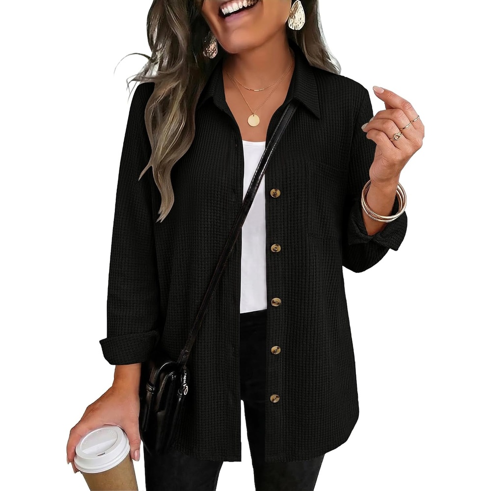 image:imageZeagoo Womens Waffle Knit Shacket Collared Button Down Shirts Casual Long Sleeve Lightweight Blouses Tops with PocketBlack