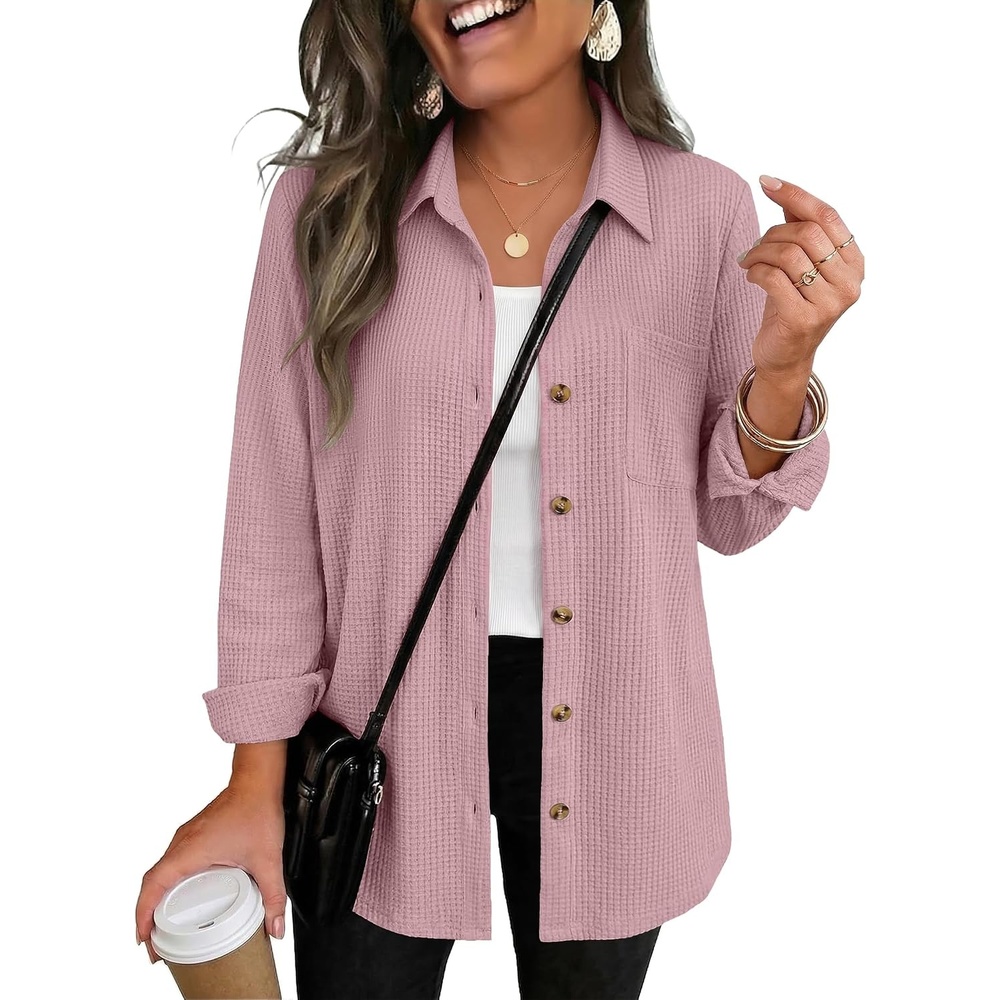 image:imageZeagoo Womens Waffle Knit Shacket Collared Button Down Shirts Casual Long Sleeve Lightweight Blouses Tops with PocketBlush Rose