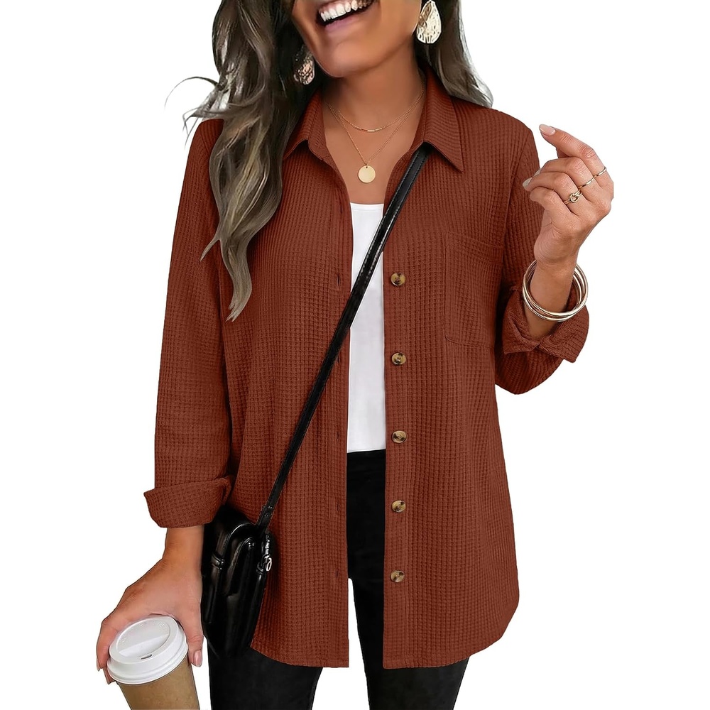 image:imageZeagoo Womens Waffle Knit Shacket Collared Button Down Shirts Casual Long Sleeve Lightweight Blouses Tops with PocketCaramel