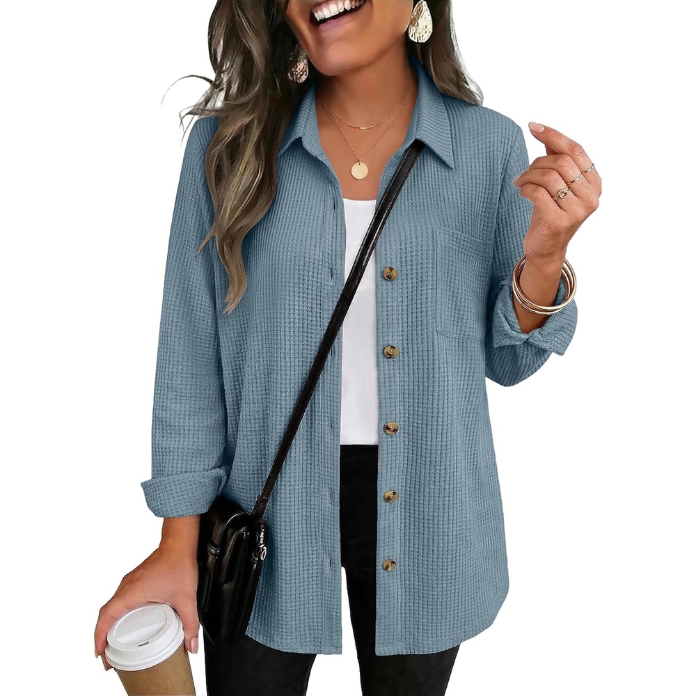 image:imageZeagoo Womens Waffle Knit Shacket Collared Button Down Shirts Casual Long Sleeve Lightweight Blouses Tops with PocketClear Blue