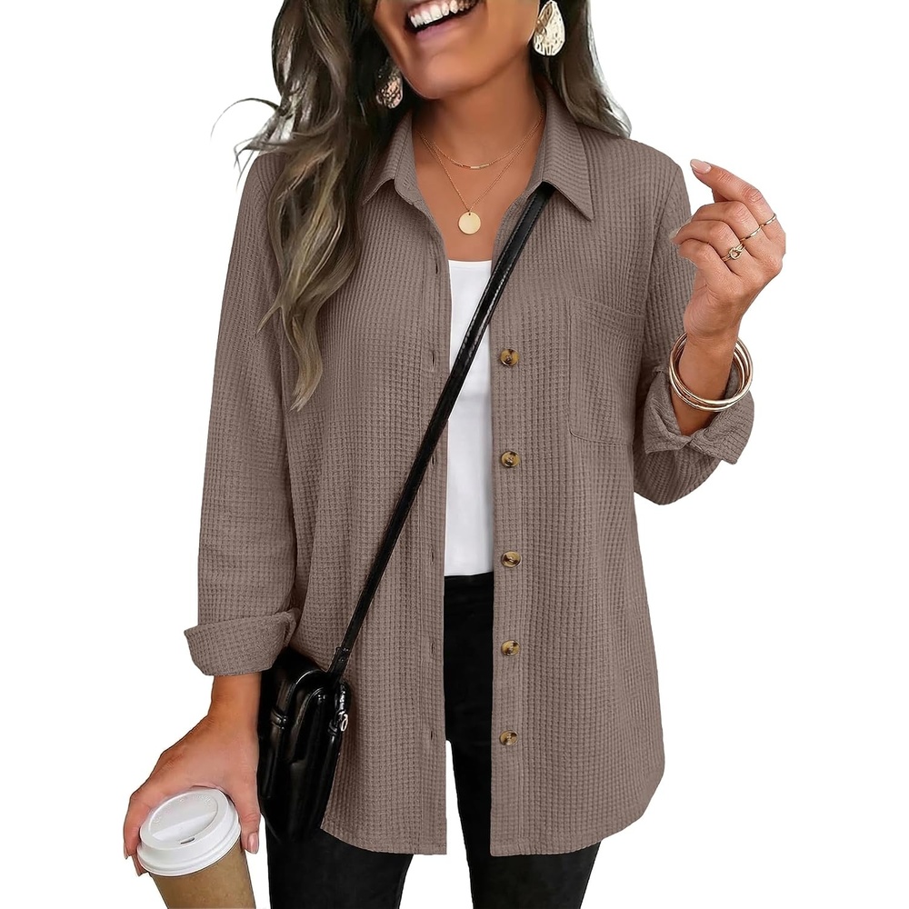 image:imageZeagoo Womens Waffle Knit Shacket Collared Button Down Shirts Casual Long Sleeve Lightweight Blouses Tops with PocketKhaki