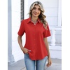 Zeagoo Button Down Shirts for Women Short Sleeve Collared Tops Dressy Casual V Neck Blouses(Red)