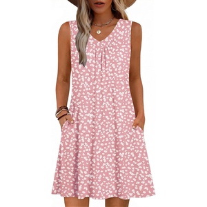 Zeagoo Summer Dresses for Women 2026 Sleeveless Dress V Neck Tank Dress Pleated Floral Tshirt Sundresses with Pockets(Jh589)