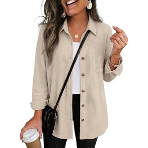 Zeagoo Womens Waffle Knit Shacket Collared Button Down Shirts Casual Long Sleeve Lightweight Blouses Tops with Pocket(01-apricot)