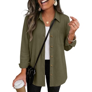 Zeagoo Womens Waffle Knit Shacket Collared Button Down Shirts Casual Long Sleeve Lightweight Blouses Tops with Pocket(Army Green)