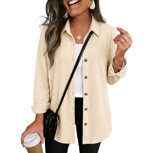 Zeagoo Womens Waffle Knit Shacket Collared Button Down Shirts Casual Long Sleeve Lightweight Blouses Tops with Pocket(Beige)