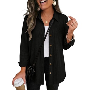 Zeagoo Womens Waffle Knit Shacket Collared Button Down Shirts Casual Long Sleeve Lightweight Blouses Tops with Pocket(Black)