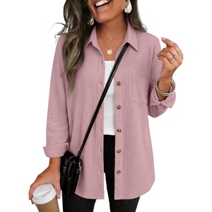 Zeagoo Womens Waffle Knit Shacket Collared Button Down Shirts Casual Long Sleeve Lightweight Blouses Tops with Pocket(Blush Rose)