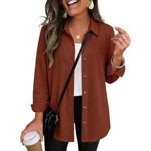 Zeagoo Womens Waffle Knit Shacket Collared Button Down Shirts Casual Long Sleeve Lightweight Blouses Tops with Pocket(Caramel)