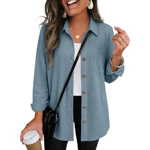 Zeagoo Womens Waffle Knit Shacket Collared Button Down Shirts Casual Long Sleeve Lightweight Blouses Tops with Pocket(Clear Blue)