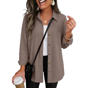 Zeagoo Womens Waffle Knit Shacket Collared Button Down Shirts Casual Long Sleeve Lightweight Blouses Tops with Pocket(Khaki)