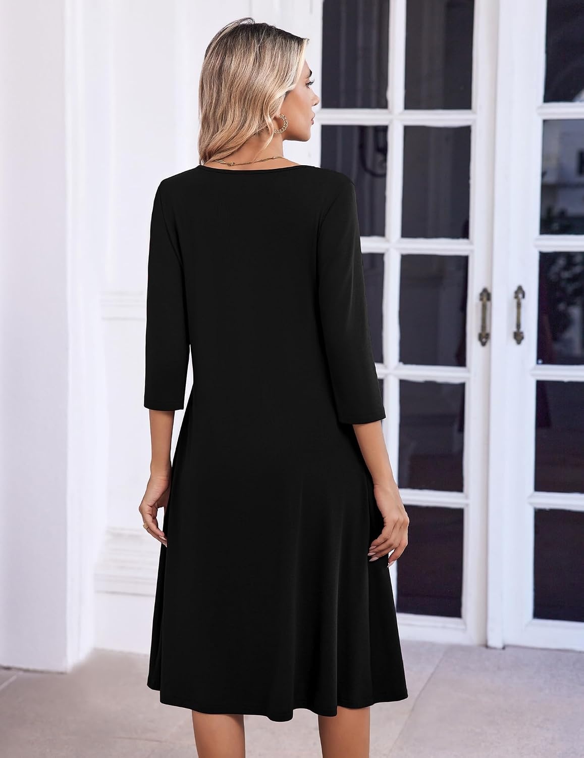 image:imageZeagoo 34 Sleeve Womens Dress Pleated Midi Dresses 2026 Floral T Shirt Dress with Pockets Casual Flowy ALine DressesBlack