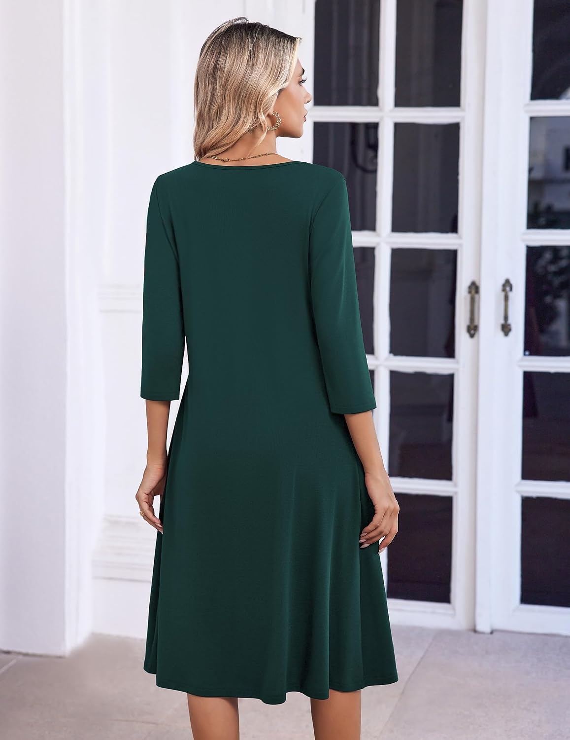 image:imageZeagoo 34 Sleeve Womens Dress Pleated Midi Dresses 2026 Floral T Shirt Dress with Pockets Casual Flowy ALine DressesDark Green