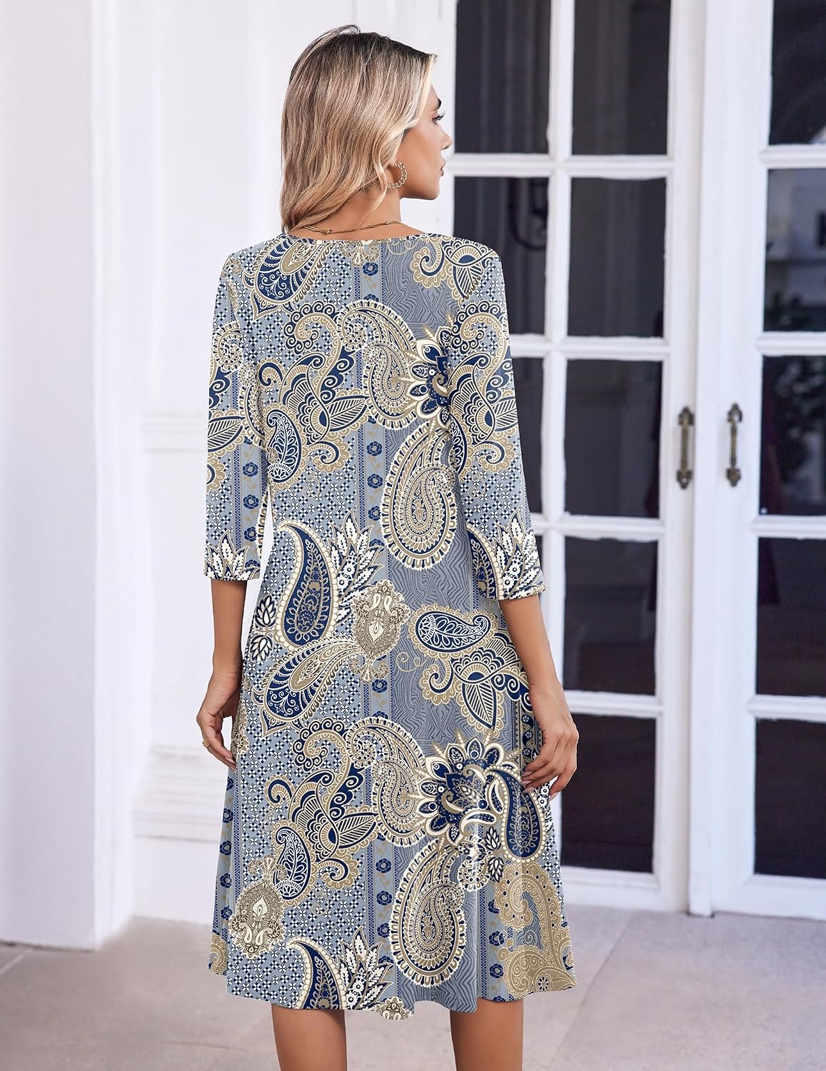 image:imageZeagoo 34 Sleeve Womens Dress Pleated Midi Dresses 2026 Floral T Shirt Dress with Pockets Casual Flowy ALine DressesEthnic Blue